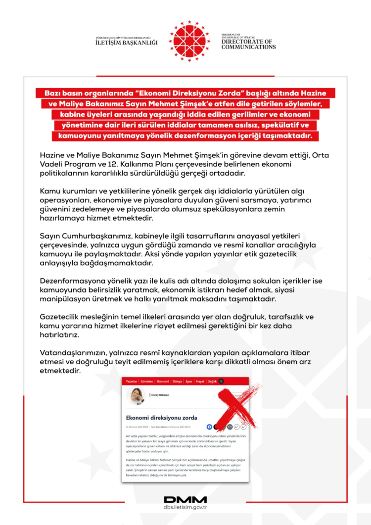 İletişim DMM: Bakan Şimşek görevine devam ediyor