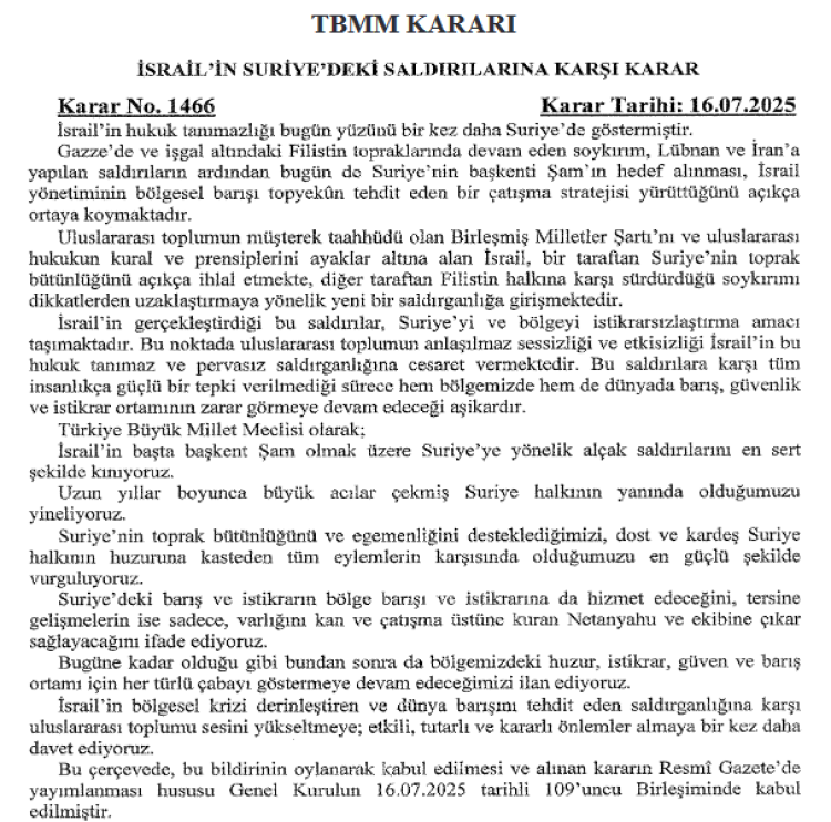 İsrail’in Suriye’deki saldırılarını kınayan TBMM kararı Resmi Gazete’de
