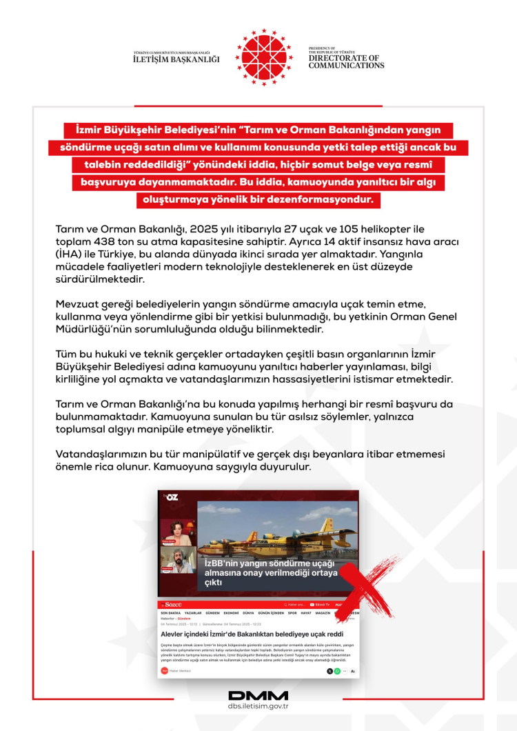 İzmir Belediyesi’nin yangın uçağı talebi iddiası asılsız!