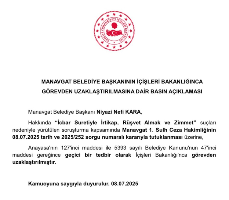 Manavgat’ta tutuklanan başkan görevden uzaklaştırıldı