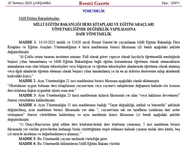 MEB Ders Kitapları ve Eğitim Araçları Yönetmeliği’nde değişiklik