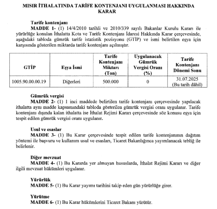 Mısır ithalatına 500 bin tonluk tarife kontenjanı açıldı
