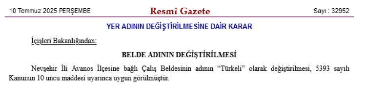 Nevşehir 'Çalış'ın adı 'Türkeli' oldu
