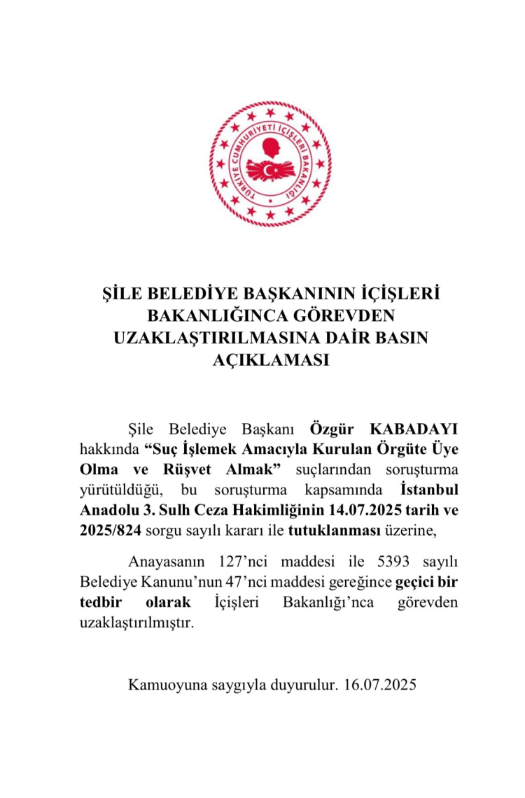 Şile Belediye Başkanı görevden uzaklaştırıldı