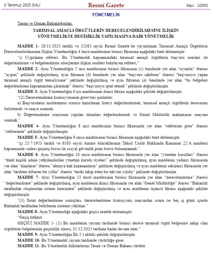 Tarımsal örgütlere yönetmelik ayarı