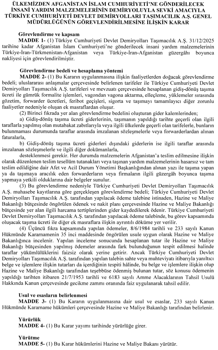 TCDD'ye Afganistan için sevkiyat yetkisi