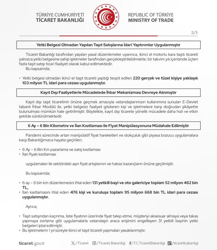 Ticaret'ten motorlu taşıt ticaretinde sert denetim! 31 bayinin yetki belgesine iptal