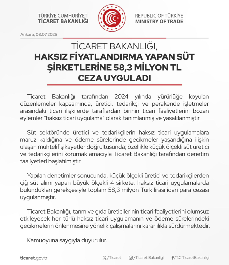 Ticaret'ten süt sektörüne 58,3 milyon TL ceza