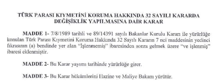 'Türk Parası Kıymetini Koruma' kararında değişiklik