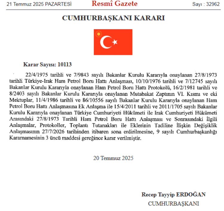 Türkiye-Irak Ham Petrol Boru Hattı Anlaşması seneye bitiyor