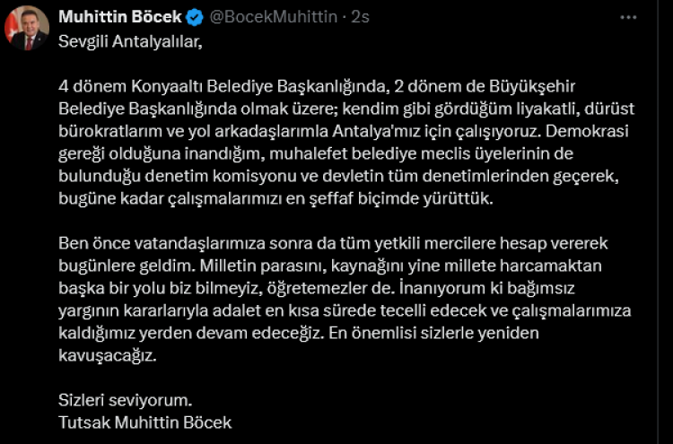 'Tutsak Muhittin Böcek'ten Antalyalılara mesaj
