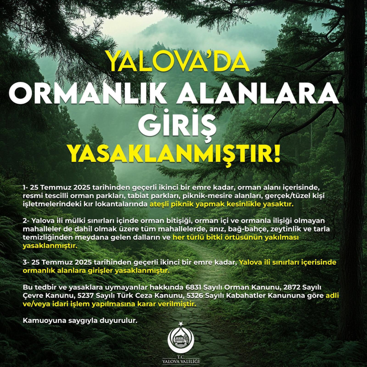 Yalova Valiliği ikinci bir emre kadar yasakladı!