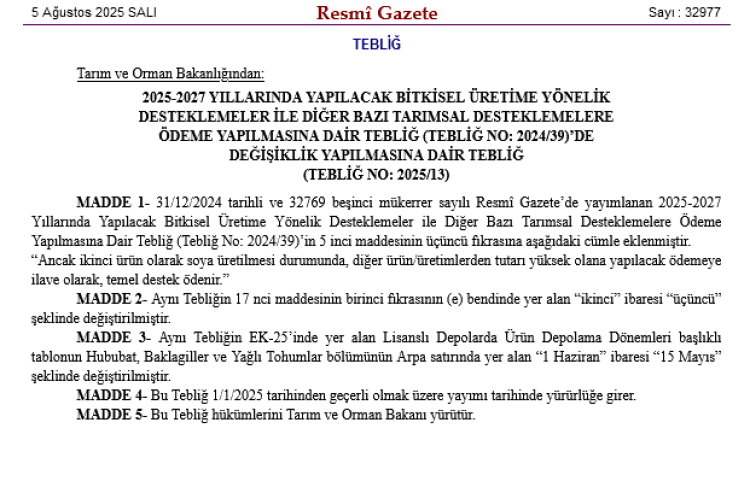 2025-2027 bitkisel üretim desteklemelerinde değişiklik