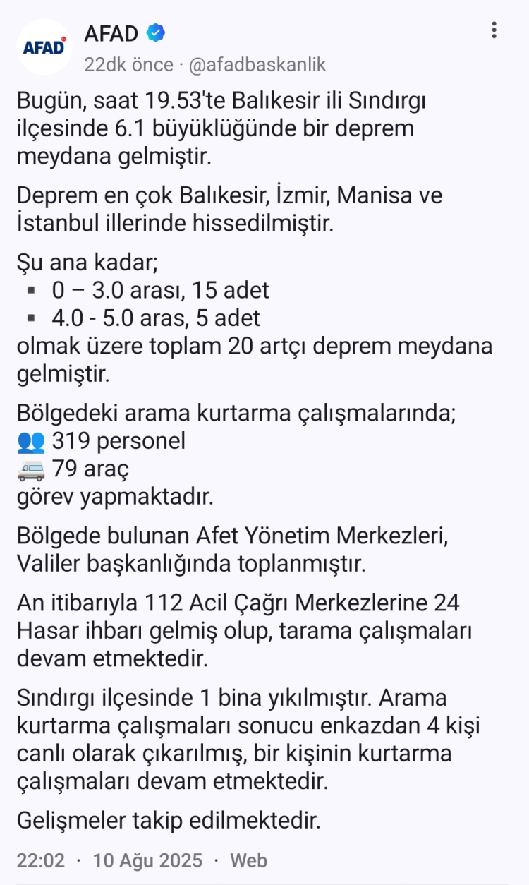 AFAD: 20 artçı deprem kaydedildi, 24 hasar ihbarı geldi