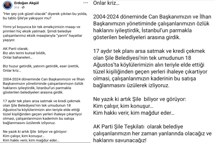 AK Parti Şile İlçe Başkanı Akgül’den CHP’li Şile Belediyesi’ne maaş eleştirisi