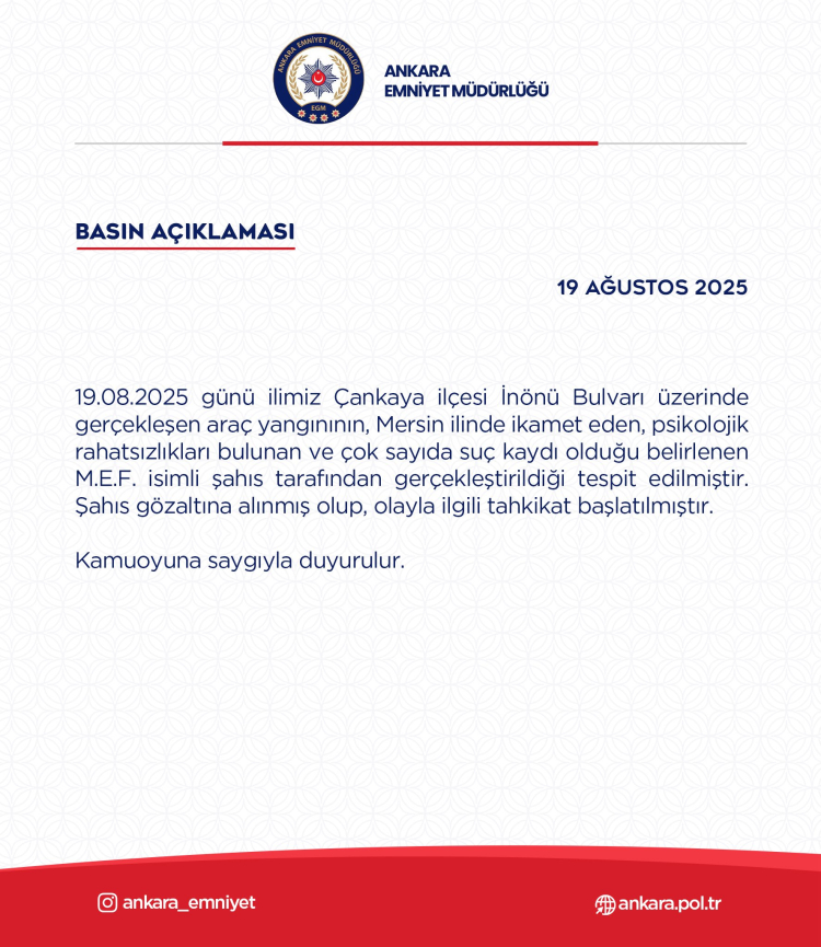 Ankara Çankaya’da araç yangını: Şüpheli gözaltında