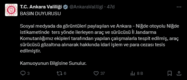 Ankara-Niğde otoyolunda ters yönde giden sürücü yakalandı