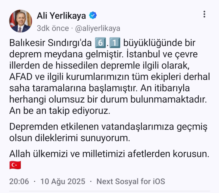 Bakan Yerlikaya: An itibariyle olumsuz durum yok!
