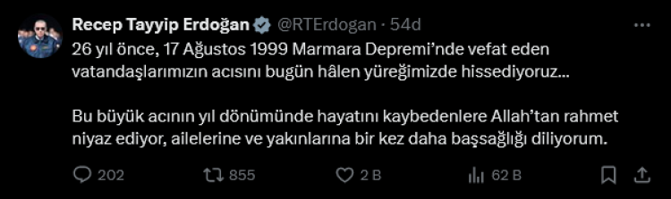 Cumhurbaşkanı Erdoğan'dan 17 Ağustos mesajı