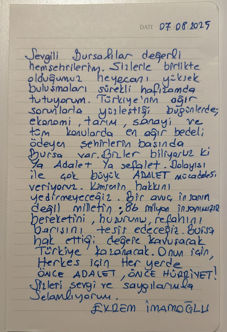 Ekrem İmamoğlu'ndan Bursalılara mektup