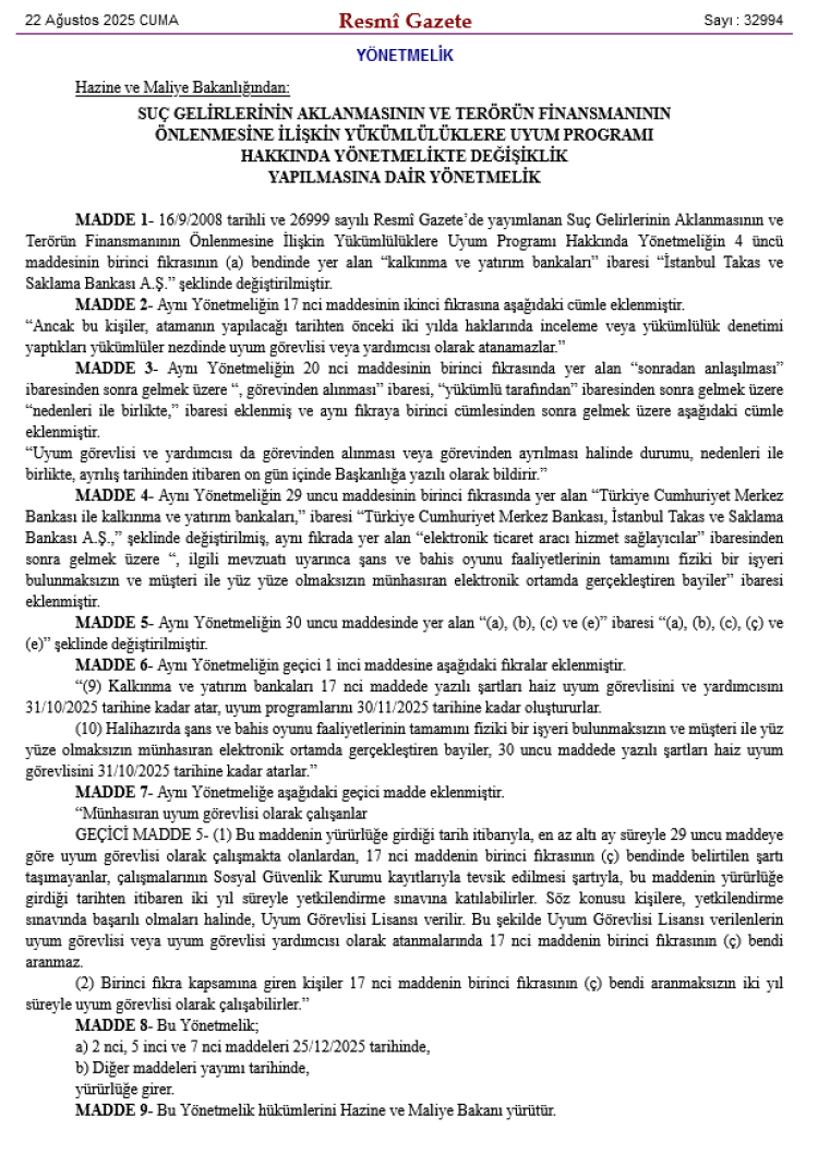 Finansal suçlarla mücadelede yeni adım... Yönetmelikte değişiklik 'Resmi'leşti