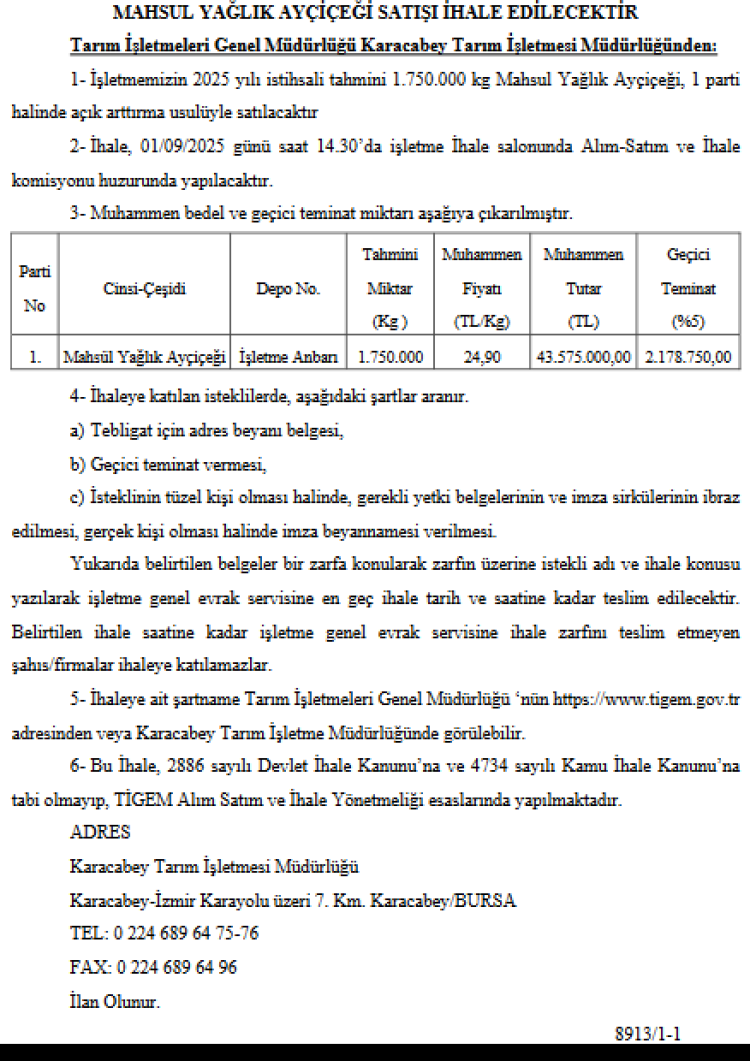 Karacabey Tarım İşletmesi’nden 1,75 milyon kg yağlık ayçiçeği ihalesi!