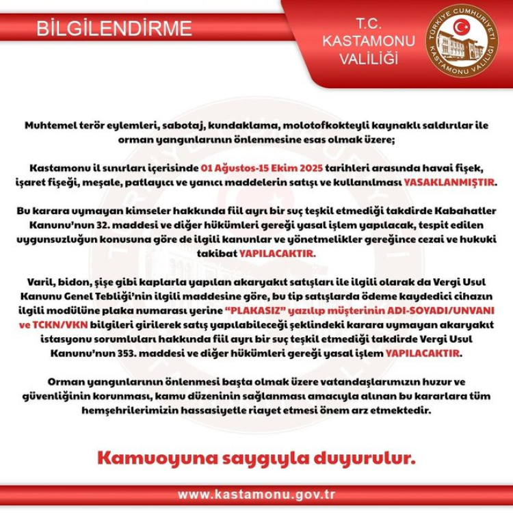 Kastamonu’da havai fişek kullanımı 15 Ekim’e kadar yasaklandı