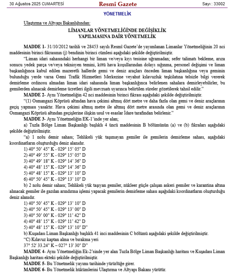 Limanlar Yönetmeliği'ne ince ayar... Osmangazi Köprüsü'nden geçiş kuralları güncellendi