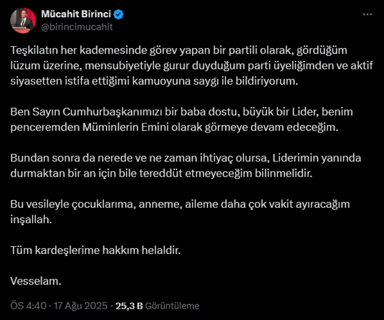 Mücahit Birinci AK Parti’den istifa etti!