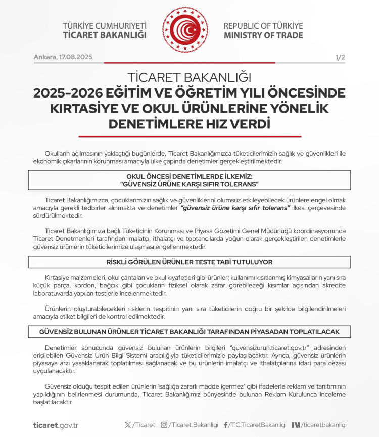 Okul alışverişlerine sıkı denetim! Ticaret'ten güvensiz ürünlere geçit yok!