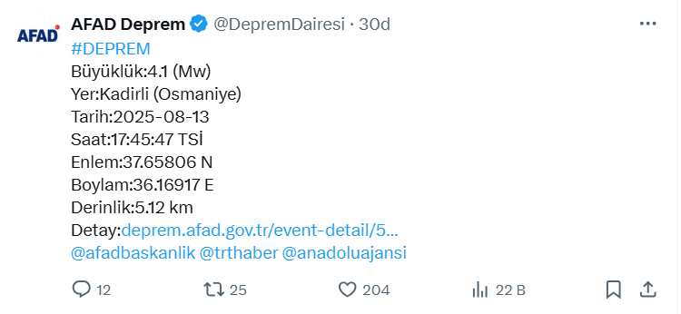 Osmaniye'de 4,1 büyüklüğünde deprem!