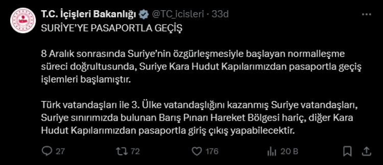 Suriye’ye pasaportla geçiş başladı
