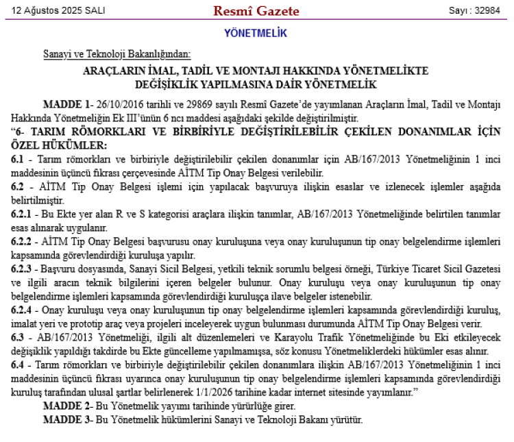 Tarım römorklarına yeni düzenleme