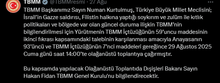 TBMM, Gazze’deki soykırım ve kıtlık politikaları için olağanüstü toplanıyor