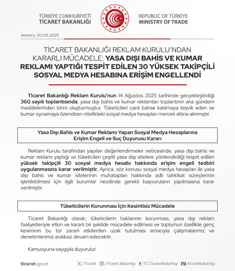 Ticaret'ten 30 hesaba erişim engeli! Yasa dışı bahis ve kumar reklamlarına sert müdahale