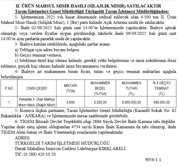 TİGEM’den 4 bin 500 ton silajlık mısır ihalesi