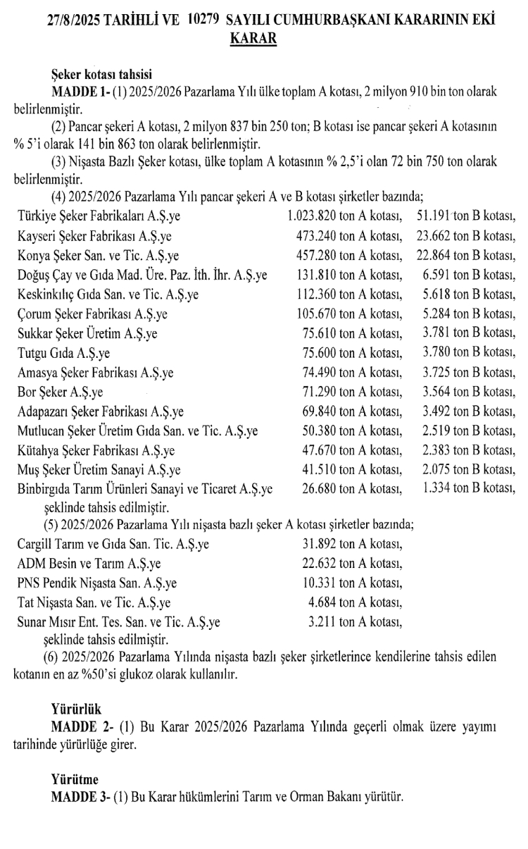 Yeni dönem şeker kotaları 'Resmi'leşti