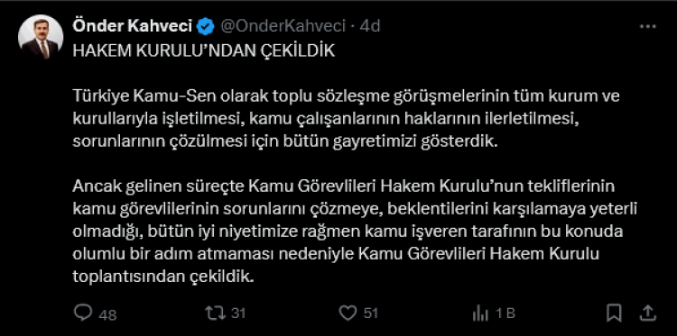 Yeni teklif sunuldu... Türkiye Kamu-Sen, Kamu Görevlileri Hakem Kurulu’ndan çekildi!
