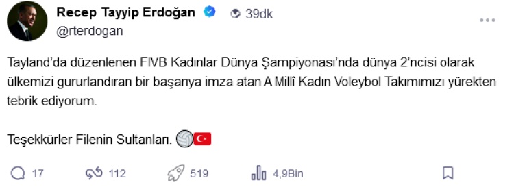 Cumhurbaşkanı Erdoğan’dan Filenin Sultanları'na tebrik