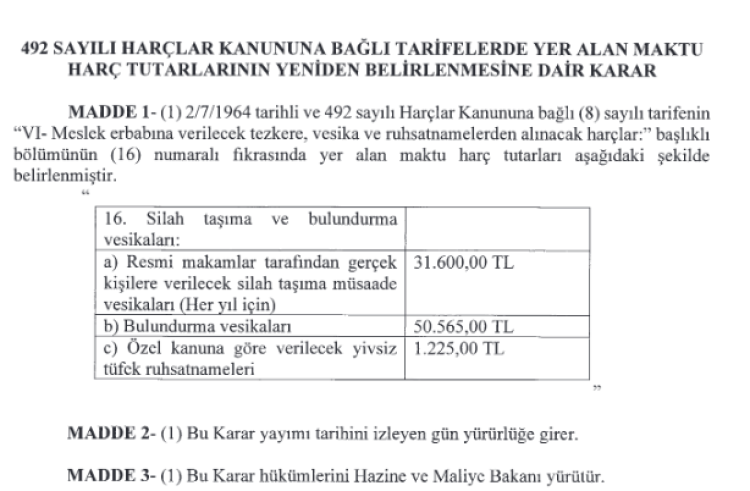 Silah taşıma ile ilgili maktu harç tutarları arttı