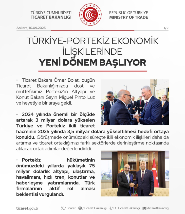 Türkiye-Portekiz ilişkilerinde yeni dönem... Ticaret hedefi 3,5 milyar dolar